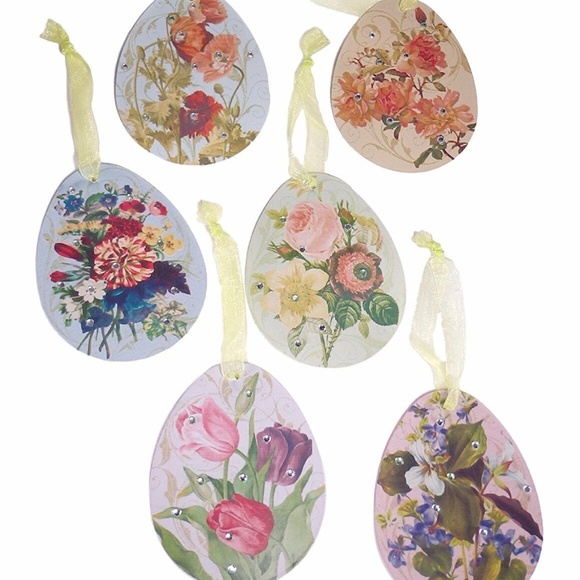🐣 Set 6 Egg Shape Tin Easter Spring Ornaments w  Flowers & Rhinestones  New - Picture 1 of 9